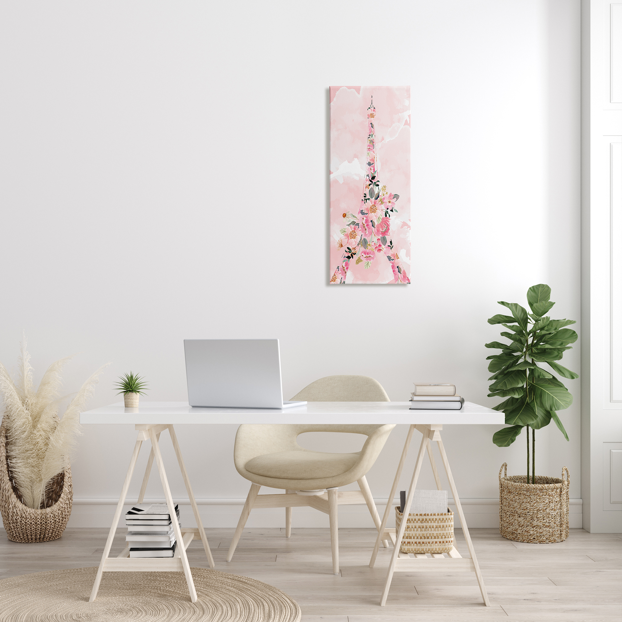 Stupell Industries Floral Pattern Eiffel Tower Pink Cloudy Sky Botanical & Floral Painting Gallery Wrapped Canvas Print Wall Art, 13 x 30