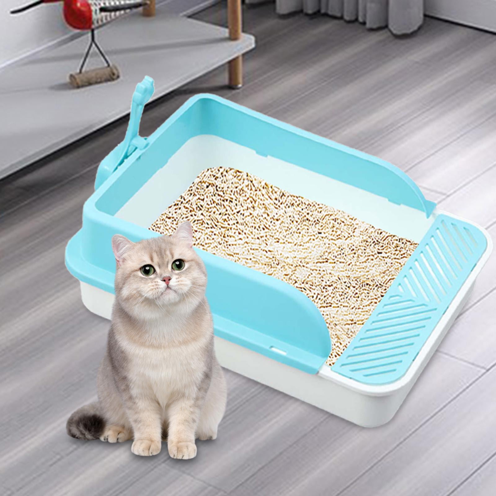 Cat Litter Tray Kitty Litter Pan Cat Sand Box Semi Enclosed Open Top Pet Kitten Toilet for Small Animals Easy to Clean, No Odor White and Blue XL