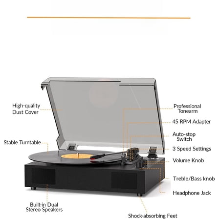 3-Speed Vintage Vinyl Record Player with Bluetooth and Built-In Stereo Speakers, Belt-Driven Turntable with Bass & Treble Control, RCA, AUX, Headphone Jack