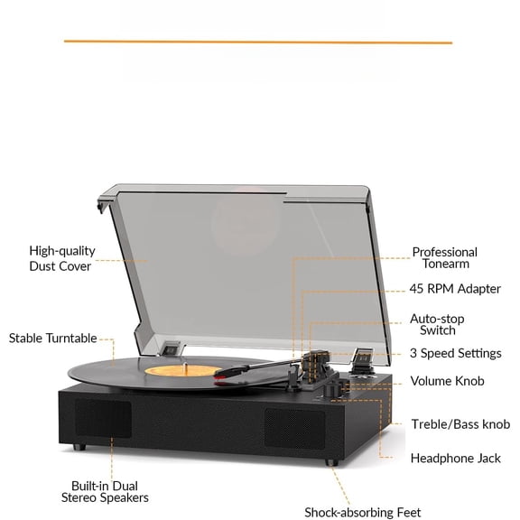 3-Speed Vintage Vinyl Record Player with Bluetooth and Built-In Stereo Speakers, Belt-Driven Turntable with Bass & Treble Control, RCA, AUX, Headphone Jack
