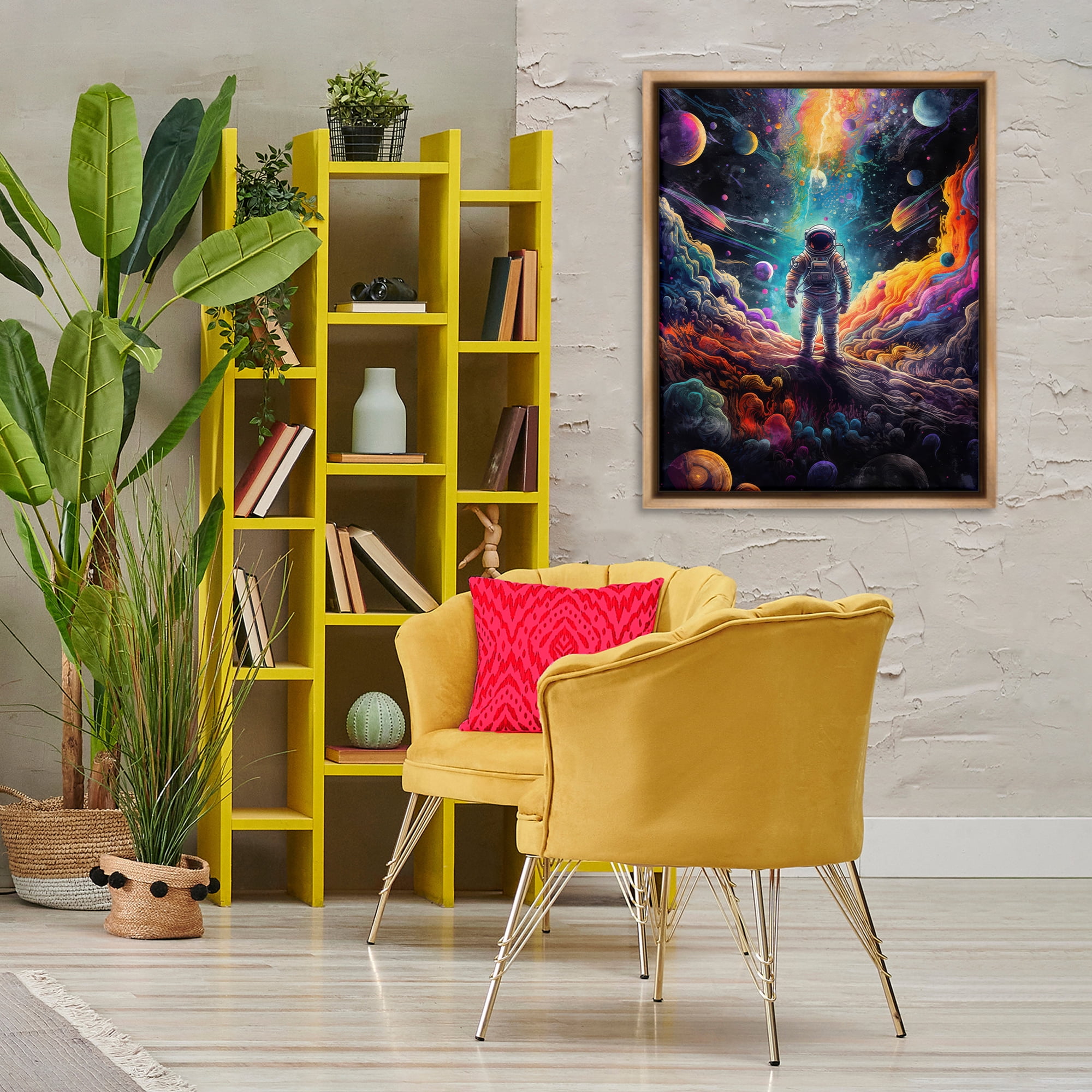 Stupell Industries Astronaut on Planet Terrain Astrology & Stars Painting Brown Floater Framed Canvas Art Print Wall Art, 25 x 31