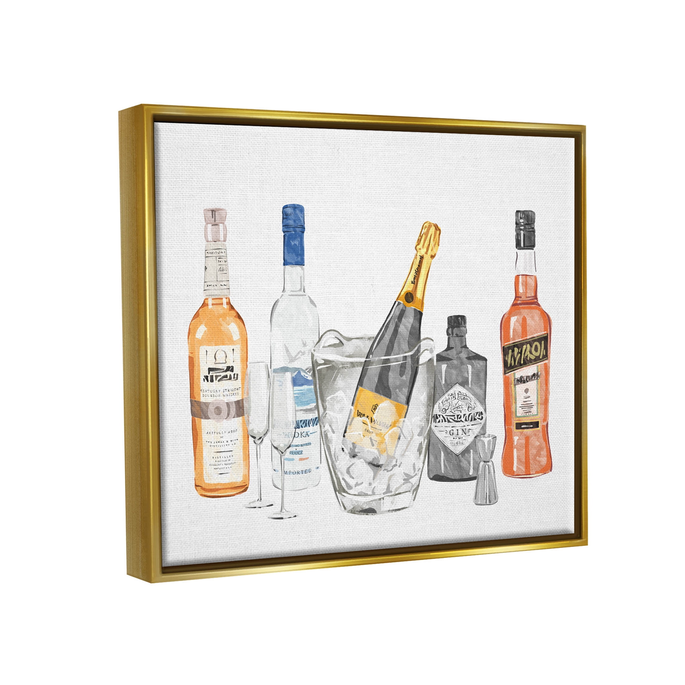 Stupell Industries Various Drink Liquor Bottles Graphic Art Metallic Gold Floating Framed Canvas Print Wall Art, Design by Ziwei Li