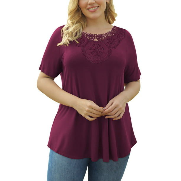 GingDinWomens Plus Size Tunic Tops Short Sleeve Lace Pleated Shirts ...