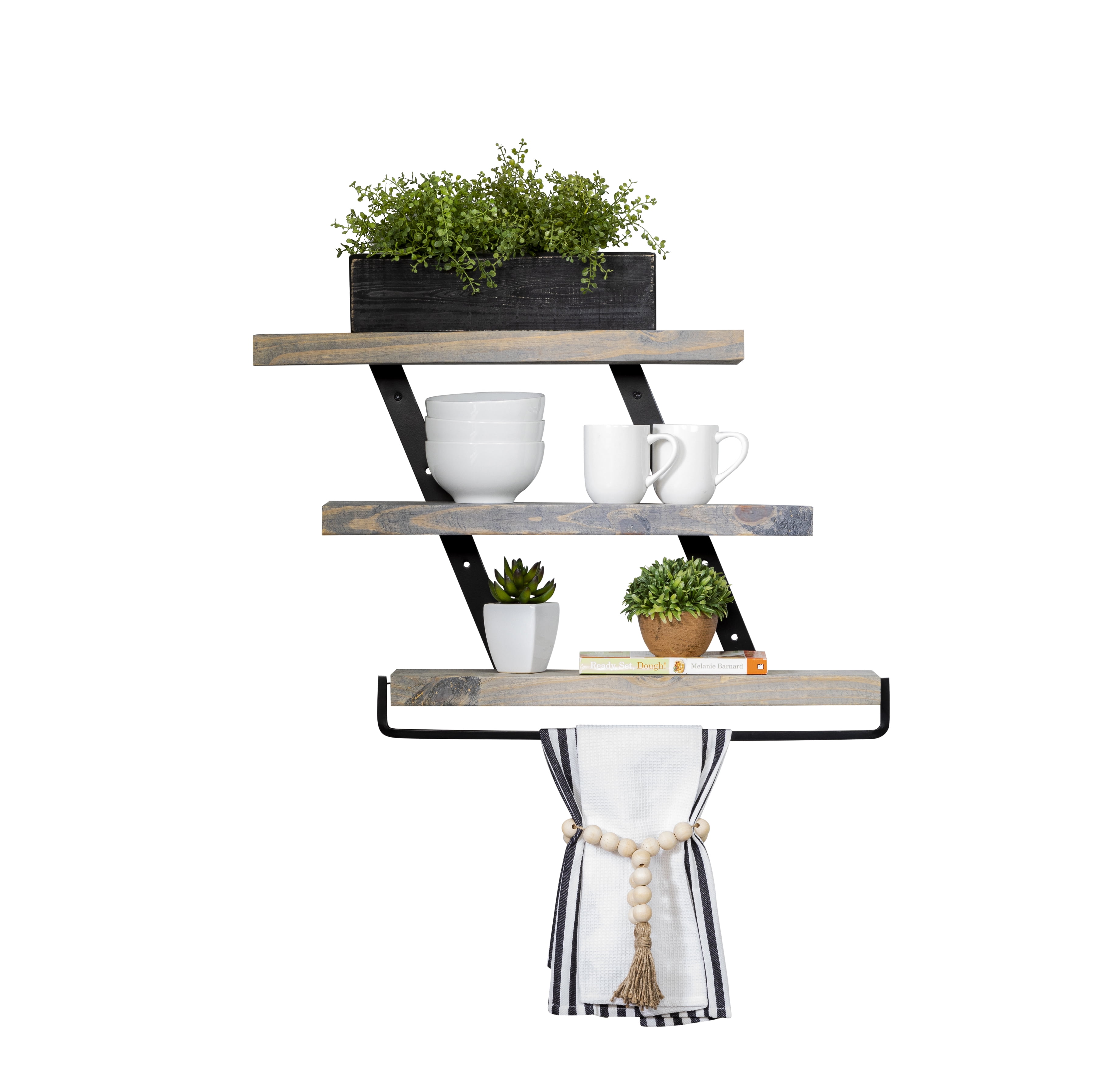 Industrial Metal Bracket ThreeTier Floating Shelf with Towel Bar Set
