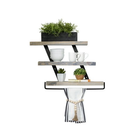 Woven Paths Gray 24inch Industrial 3-Tier Floating Shelf with Towel Rack