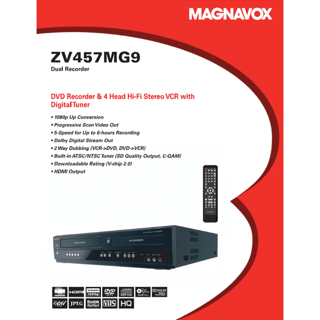 Magnavox ZV457MG9 DVD VCR Combo Recorder, Dual Deck, Remote