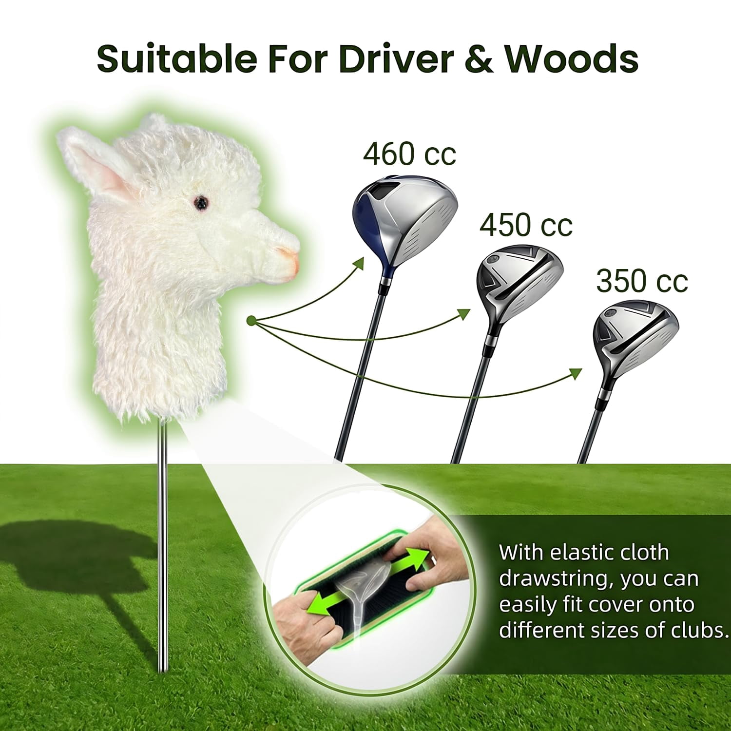 FurEverClone White Alpaca Golf Club Headcover, Dog Golf Driver & Woods Club Cover, Golden Dog Golf Head Cover