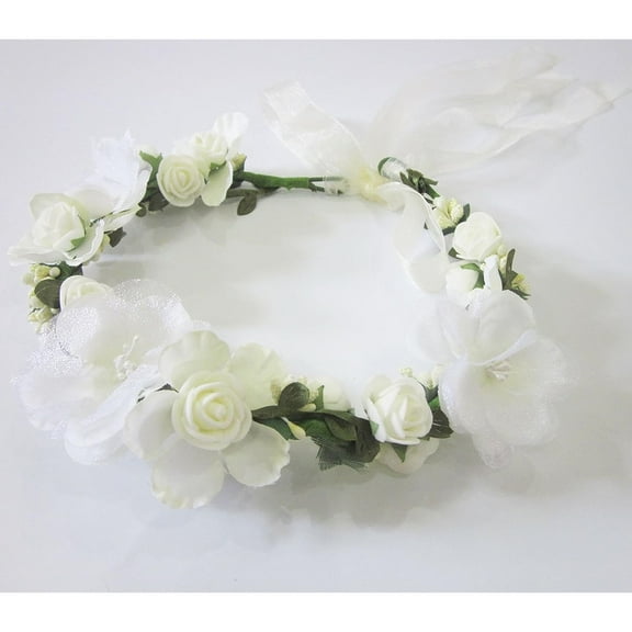 Bridal Flower Garland Ksopiavobs Headband Flower Crown Hair Wreath Halo Adjustable Ribbon Wedding Festivals White
