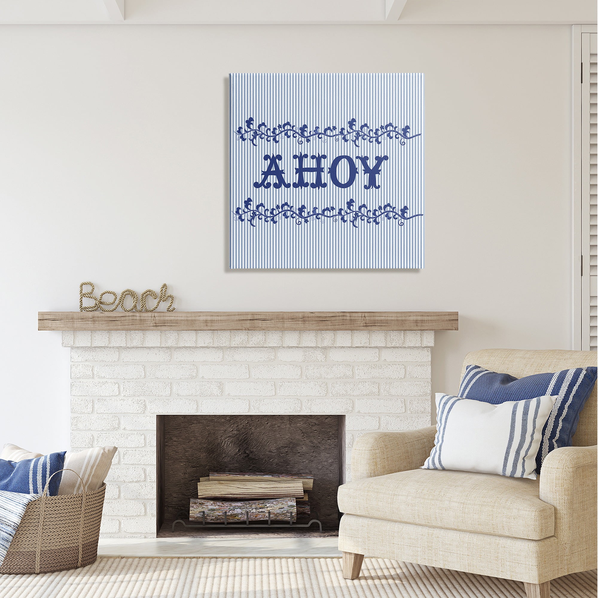 Stupell Industries Ahoy on Blue Stripes Botanical & Floral Painting Gallery Wrapped Canvas Art Print Wall Art, 30 x 30