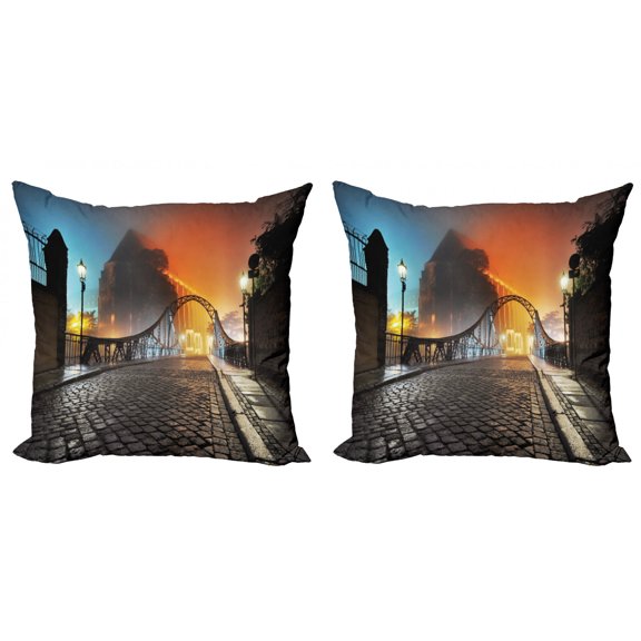 Ambesonne Vintage Throw Pillow Cover 2 Pack, Old Town Bridge Night, 16", Grey Orange