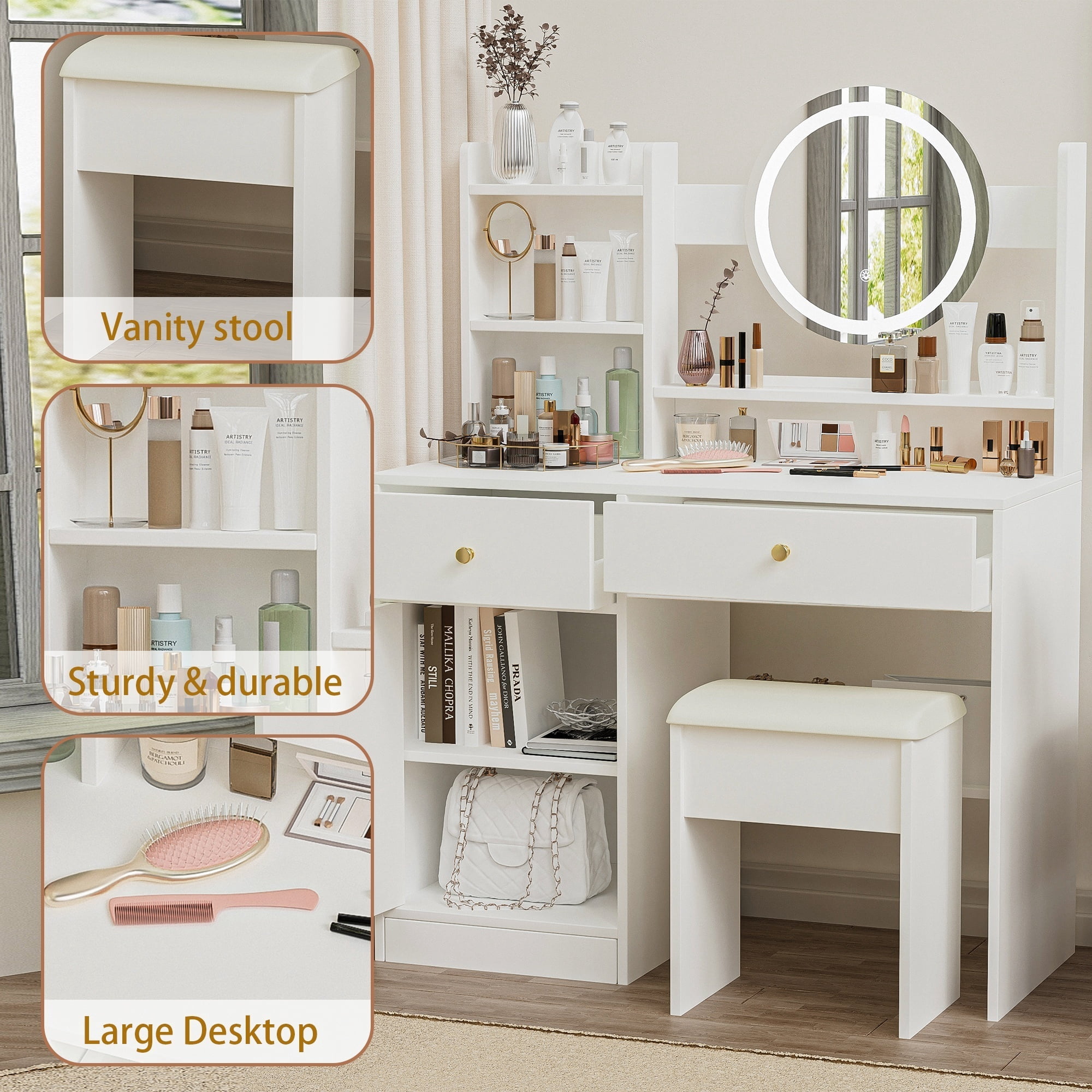 Alvantor Makeup Vanity Desk with Mirror and Lights, Adjustable Brightness Dressing Table with Cushioned Chair, White