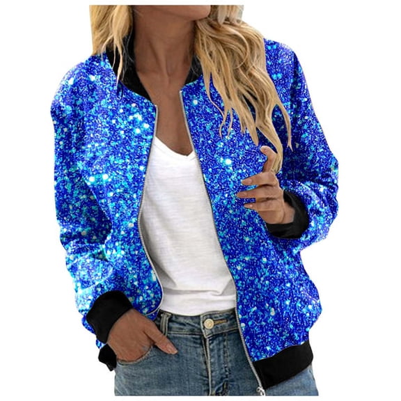 XIAONU Womens Glitter Zip Up Bomber Jacket Casual Club Stand Collar Long Sleeve Outerwear