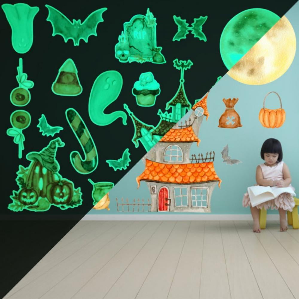 2 Sheets Glow in The Dark Halloween Decals Luminous Halloween Stickers Removable Ghost Bat Moon Wall Decor Glowing Window Clings for Scary Halloween Theme Party Decorations
