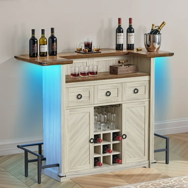 ModFusion Modern Bar Cabinet with LED Light, Bottle Holders, Wine Glass Rack, Footrest, Storage, Farmhouse Liquor Table, Small Spaces, Entertaining, Brown Walnut