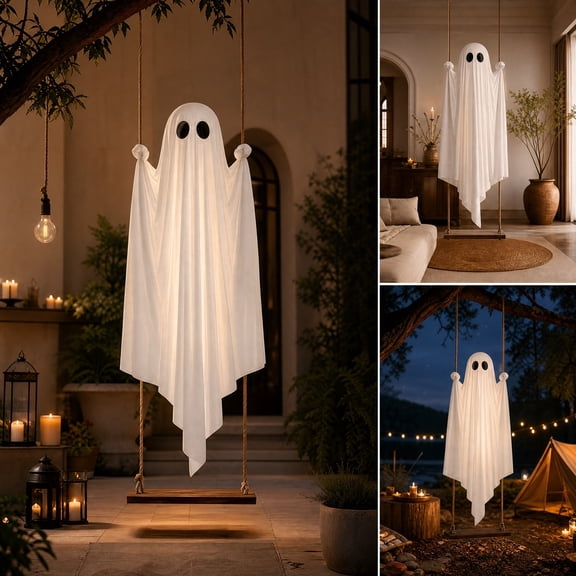 6FT Halloween Swinging Ghost Decorations Outdoor, Remote Control Hanging Spooky Cute Ghost Decoration With 8 Sounds and Lights for Outdoor, Haunted, Yard Prop