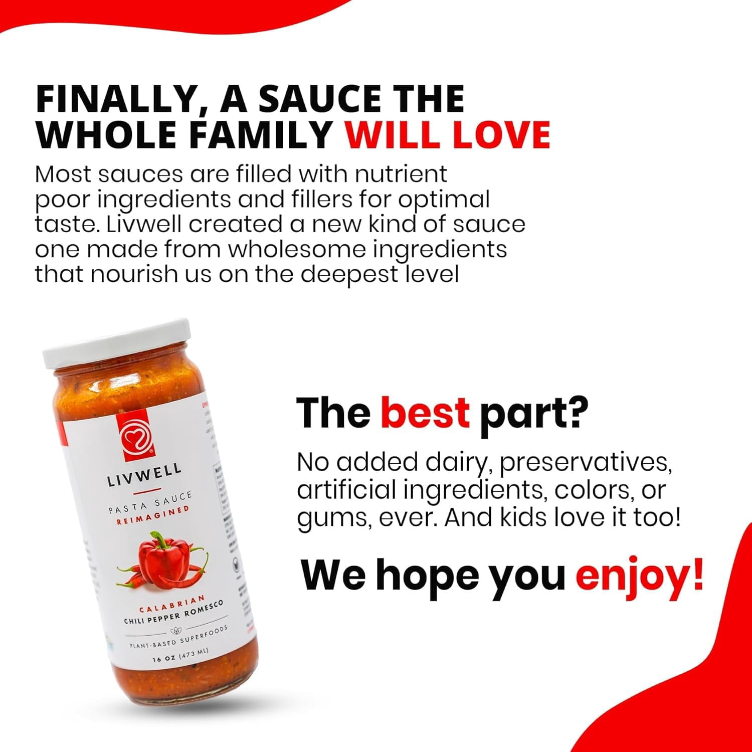 LIVWELL Calabrian Chili Pepper Romesco Pasta Sauce, Vegan, Dairy Free, Spicy, 16 oz