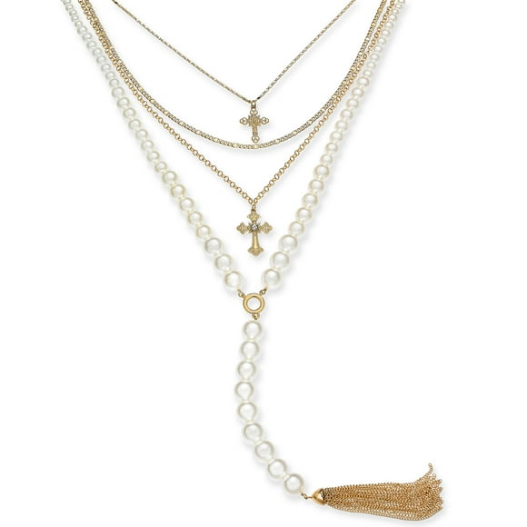 Thalia Sodi Gold-Tone Pavé Cross, Imitation Pearl & Chain Tassel Layered Lariat Necklace, 16″ + 3″ extender, White
