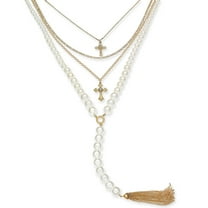 Thalia Sodi Gold-Tone Pavé Cross, Imitation Pearl & Chain Tassel Layered Lariat Necklace, 16″ 3″ extender, White