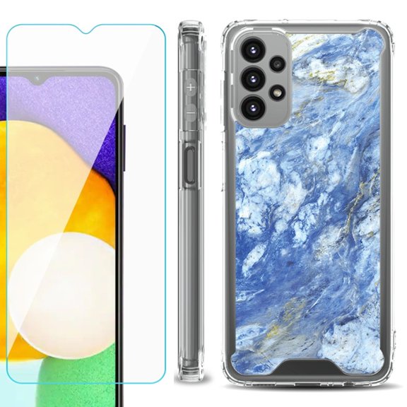 Shockproof Bumper Phone Case for Samsung Galaxy A23 5G, with Tempered Glass Screen Protector, by OneToughShield ® - Marble / Gem Blue