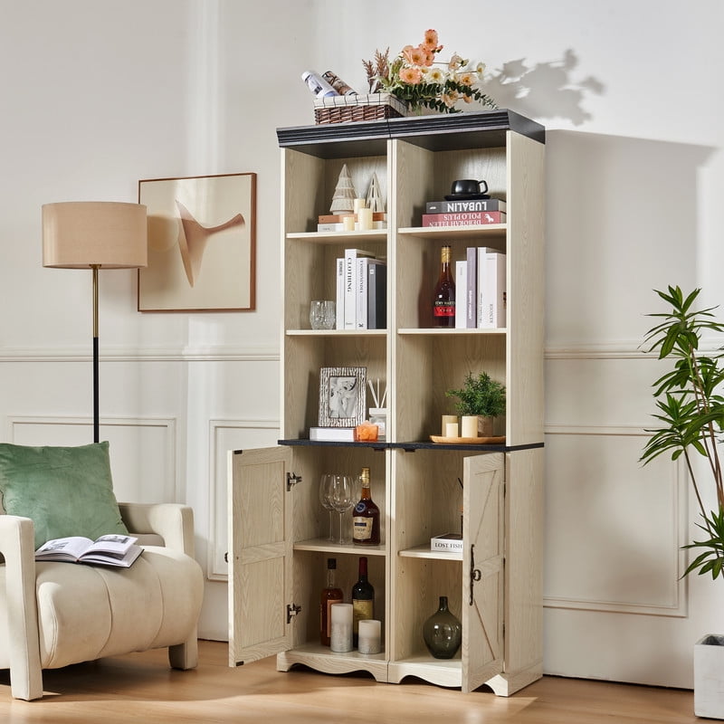 Farmhouse Storage Cabinet with Barn Door & Adjustable Shelf, Wood Bookcase for Home Office, Bookshelf with Open Display Cubbies