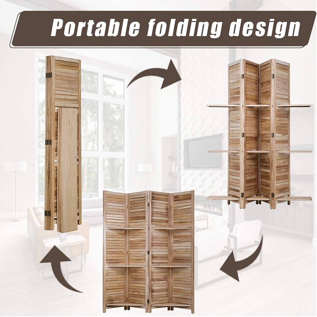 NiamVelo 4 Panel Wood Room Divider Folding Privacy Screen Portable Freestanding Room with 3 Shelves, Natural