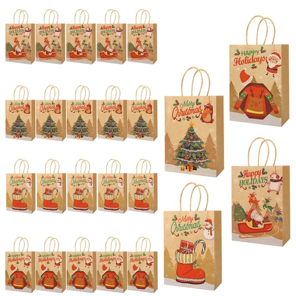sixwipe 24 Pcs Christmas Kraft Gift Bags, Christmas Gift Bags, Xmas Assorted Paper Bags Bulk with Handles for Party Supplies, Xmas Holiday Gift Bags for New Year Party Favors