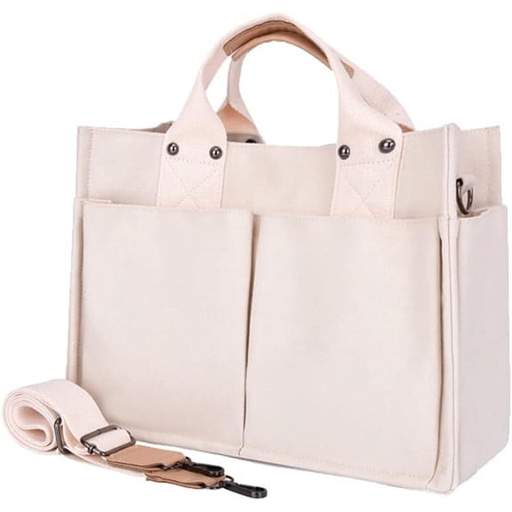 Kukuzhu Small Canvas Tote Bag with Multi Pockets Canvas Handbag Tote Purse for Women Canvas Crossbody Bag Top Handle