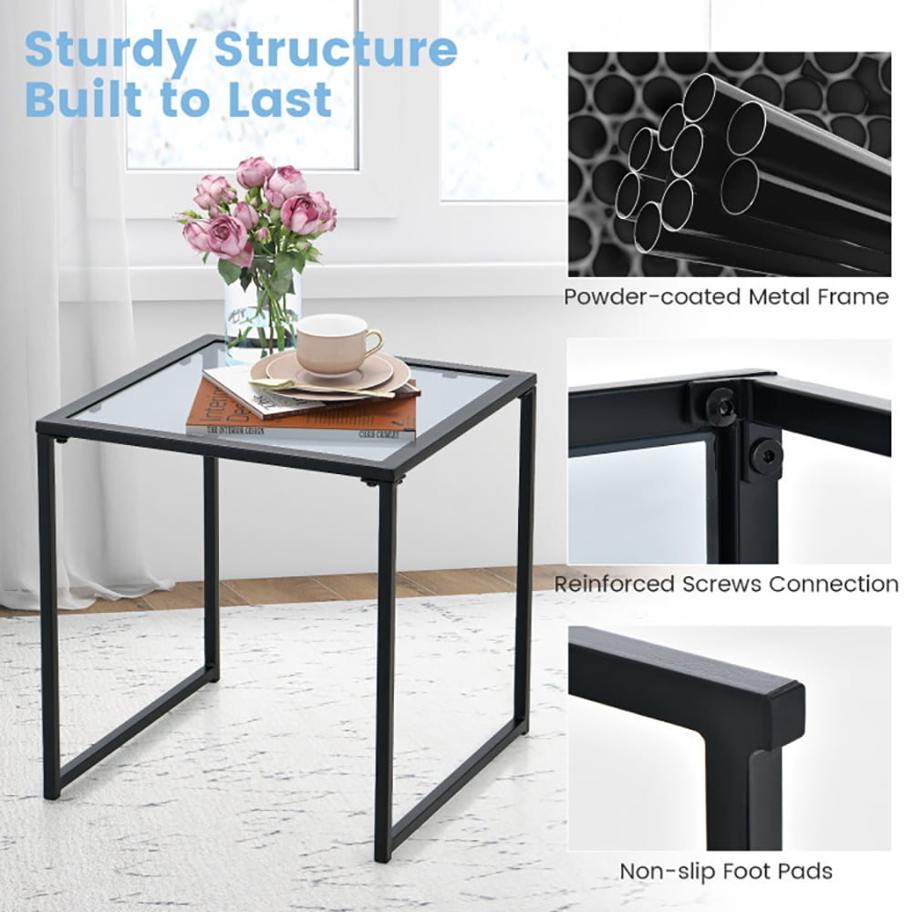 Finihen Side Table, Glass Side Table, Tempered Glass Side Table with Metal Frame, for Indoor and Outdoor, Black