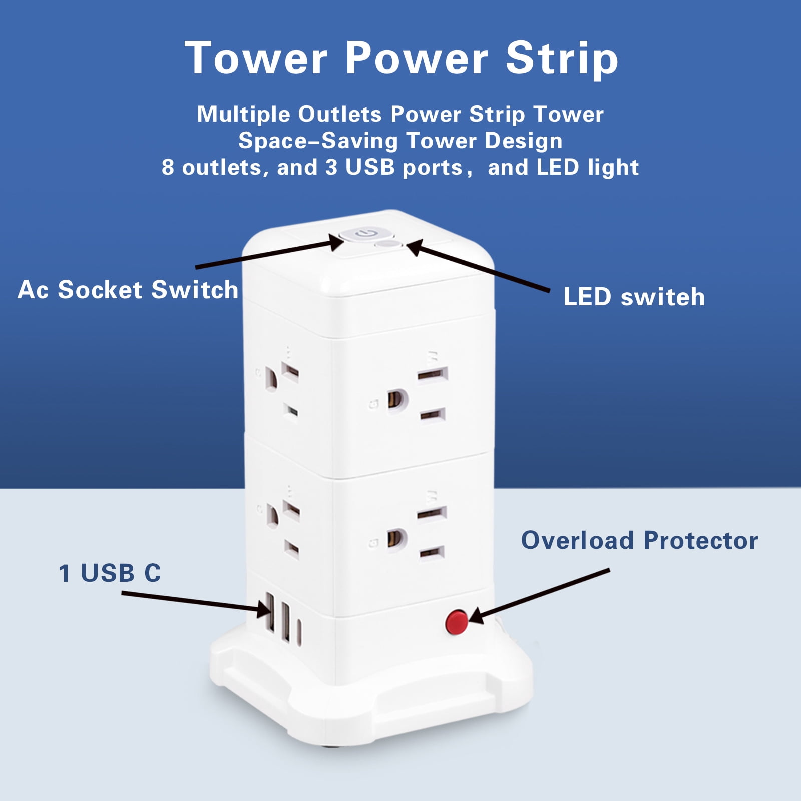 BEISHINK 8 Export Tower-Type Surge Protector with Night Light Function, Equipped with 3 USB Ports, 6.5FT Extension Cable, White Color