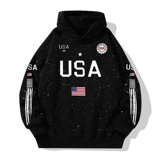 Rove Studio Unisex USA Flag Star Print Pullover Hoodie, Independence Day Commemorative Relaxed Fit All Over Speckled Print Long Sleeve Casual Streetwear Hooded Sweatshirt Black L