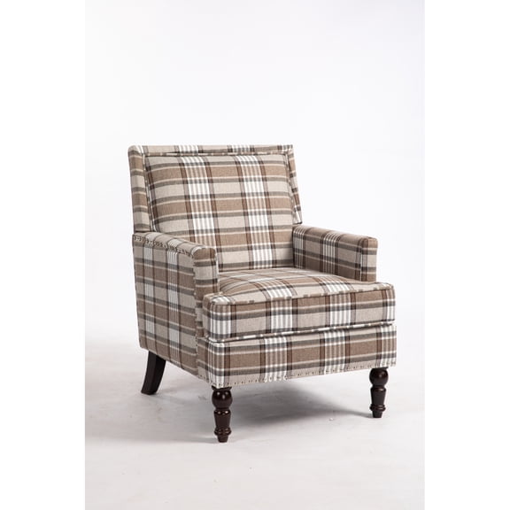 Miekor Furniture Upholstered Accent Chair, Vintage Armchair With Blue And White Striped Linen Fabric And Nailhead Trim For Living Room 74776