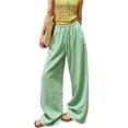 thumbnail image 2 of Women's Pinstripe Linen Palazzo Pants Elastic Drawstring High Waist Flowy Wide Leg Loose Summer Beach Trousers With Pockets Green XL, 2 of 6