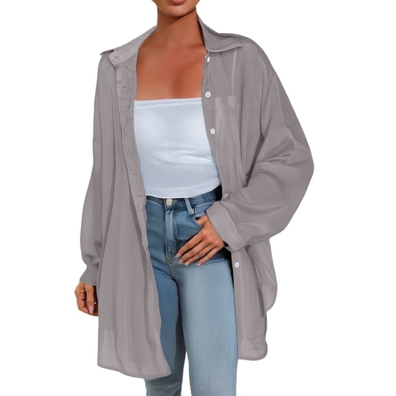 shirts for women Sheer Long Sleeve Button-Up Top Casual Loose Summer Shirt
