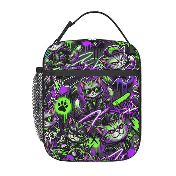 Cute Cat Lunch Bag Portable Handheld Reusable Insulated Cooler Tote Front Pocket Work Office Picnic Food Container Travel