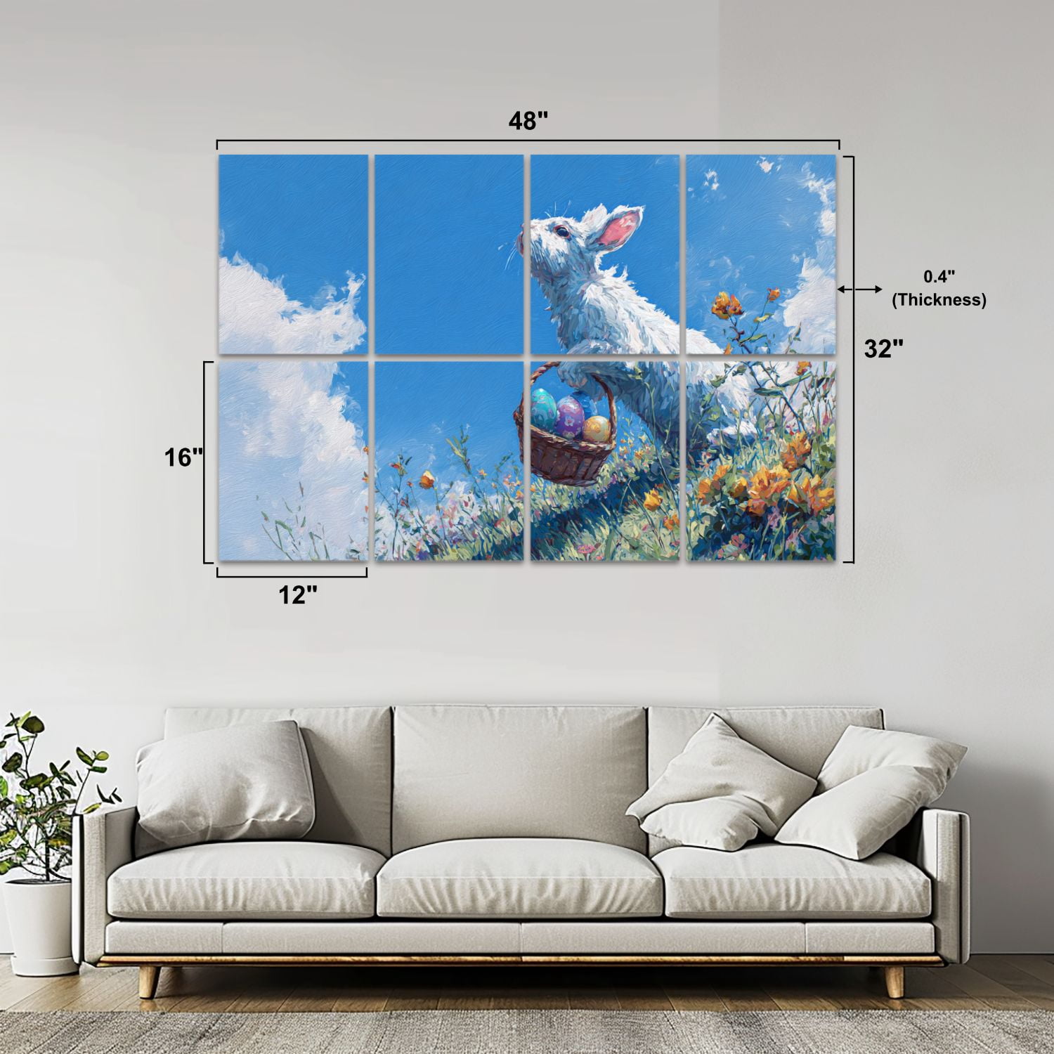 8 Pack Art Acoustic Panels Vintage Rabbit Eggs Retro Wildflower Field Bunny Basket Easter Eggs Self Adhesive Sound Absorbing Panels for Home Office Studio Media Room 48"x32"