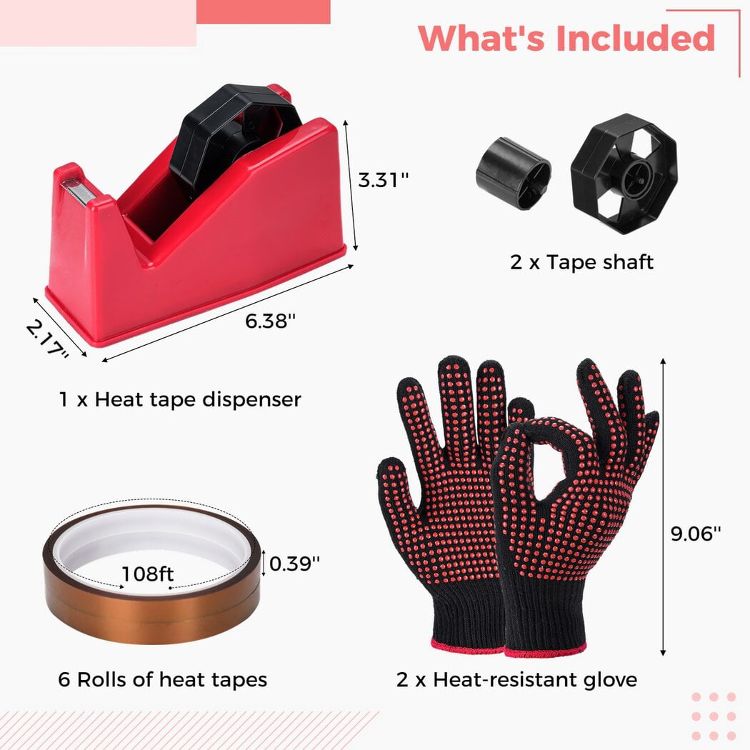 Heat Tape Dispenser Sublimation Kit, Includes 6 Heat-Resistant Tapes, Multi Tape Roll Dispenser, and 2 Heat Protection Gloves, Heat Tape Dispenser and