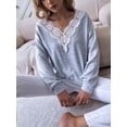 thumbnail image 3 of V Neck Scallop Lace Detail Long Sleeve Loose Fit Sweater for Women, 3 of 3