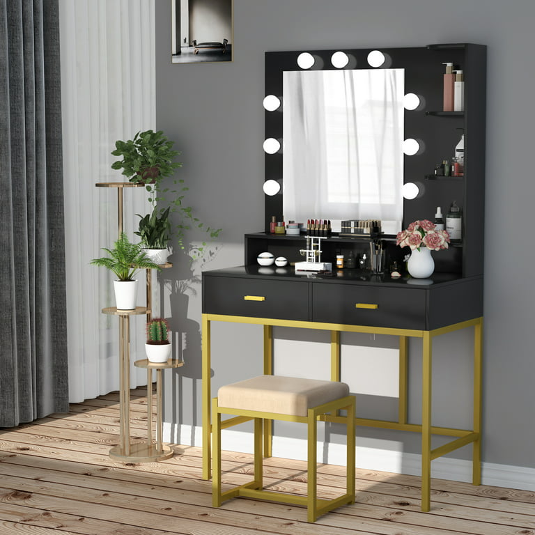 Vanity Set with Lighted Mirror and Lights, Makeup Vanity Dressing Table  with LED Light, Drawers, Storage Shelves and Cushioned Stool, Small Vanity  Desk for Bedroom by TZUTOGETHER (Black) 