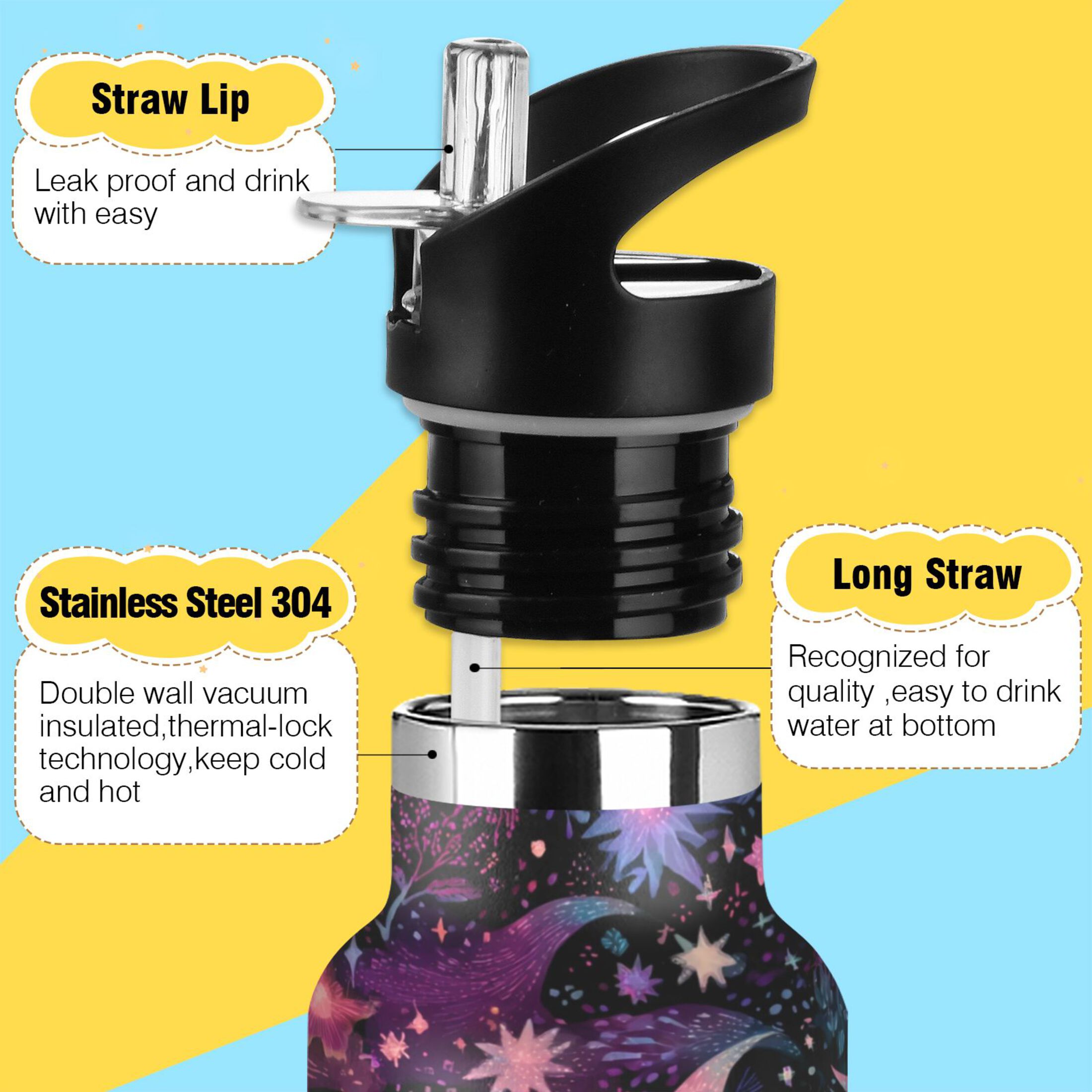 600ML Stainless Steel Insulated Cup Sports Water Bottle Portable Thermos Cup Water Glasses Insulated Tumblers Convenient and Durable Purple Moon