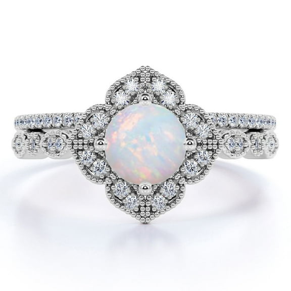 JeenMata 1.75 ct Vintage Round Blue Opal and Moissanite Wedding Ring Set in 18K White Gold over Silver