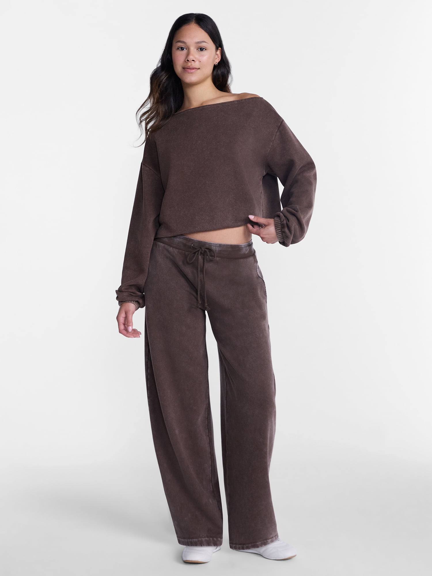 No Boundaries Mineral Wash Off the Shoulder Sweatshirt, Women's XXS-XXL