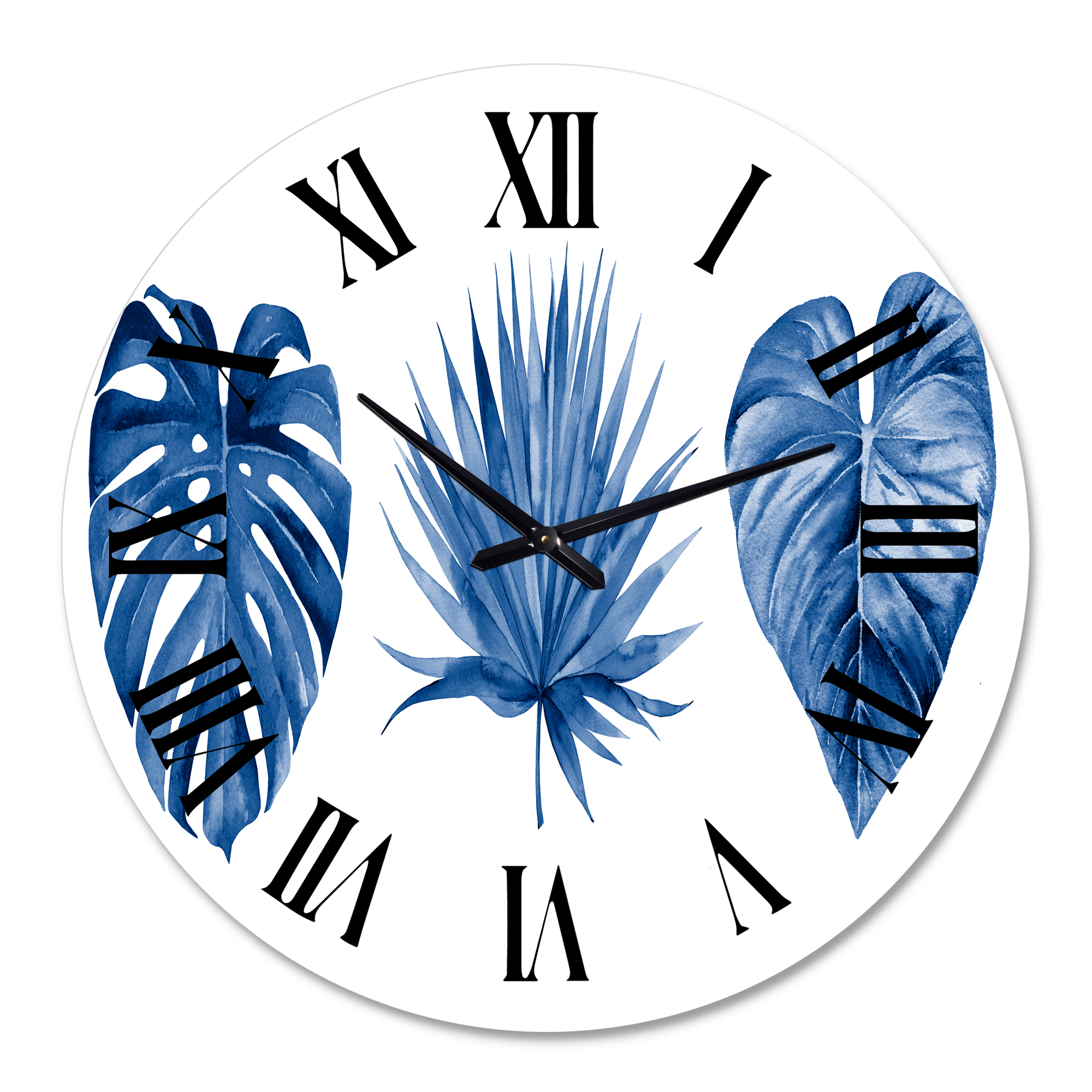 Designart 'Classic Blue Tropical Leaves' Tropical Wall Clock