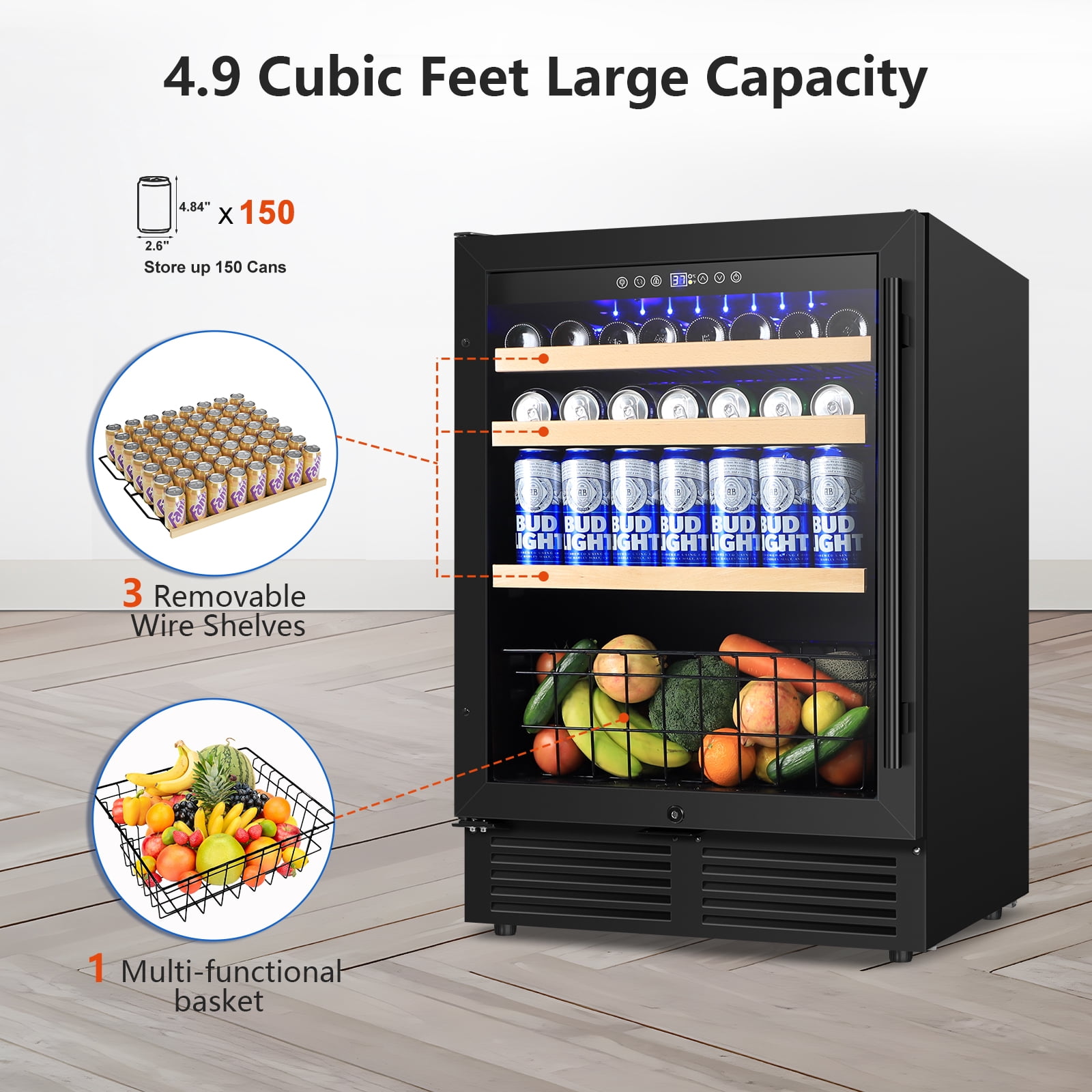 Tittla 24 Inch Wine and Beverage Refrigerator, 4.9 Cu.Ft. Under Counter Build-in Beer Soda Chiller With Glass Door