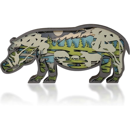 FNYDOX 3D Wooden Animals Carving, Hippo Decor Multi-Layered Wood Carved Hippo Statues Wall Hanging Figurines Rustic Sculpture Silhouette Ornament Hippo Art for Living Room Bedroom for Presents