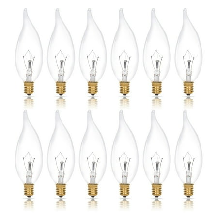 Simba Lighting Candelabra Flame Tip Clear CA10 25W E12 Base Light Bulbs 120V Warm White 2700K, 12 Pack