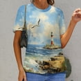 thumbnail image 6 of Lighthouse Sunrise Coast Scenery Pale Blue Tan Women's T-Shirt Short Sleeve T Shirts Tops Tee Ladies Loose T, 6 of 6