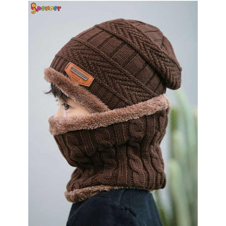 Spencer 2Pcs Winter Beanie Hat Scarf Set Lined Warm Knitted Hat Thick Skull  Cap for Child Kids Light Brown