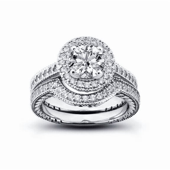 Round Cut Halo Stackable Bridal Set Engagement Ring 2 Ct Diamond 14K White Gold Over