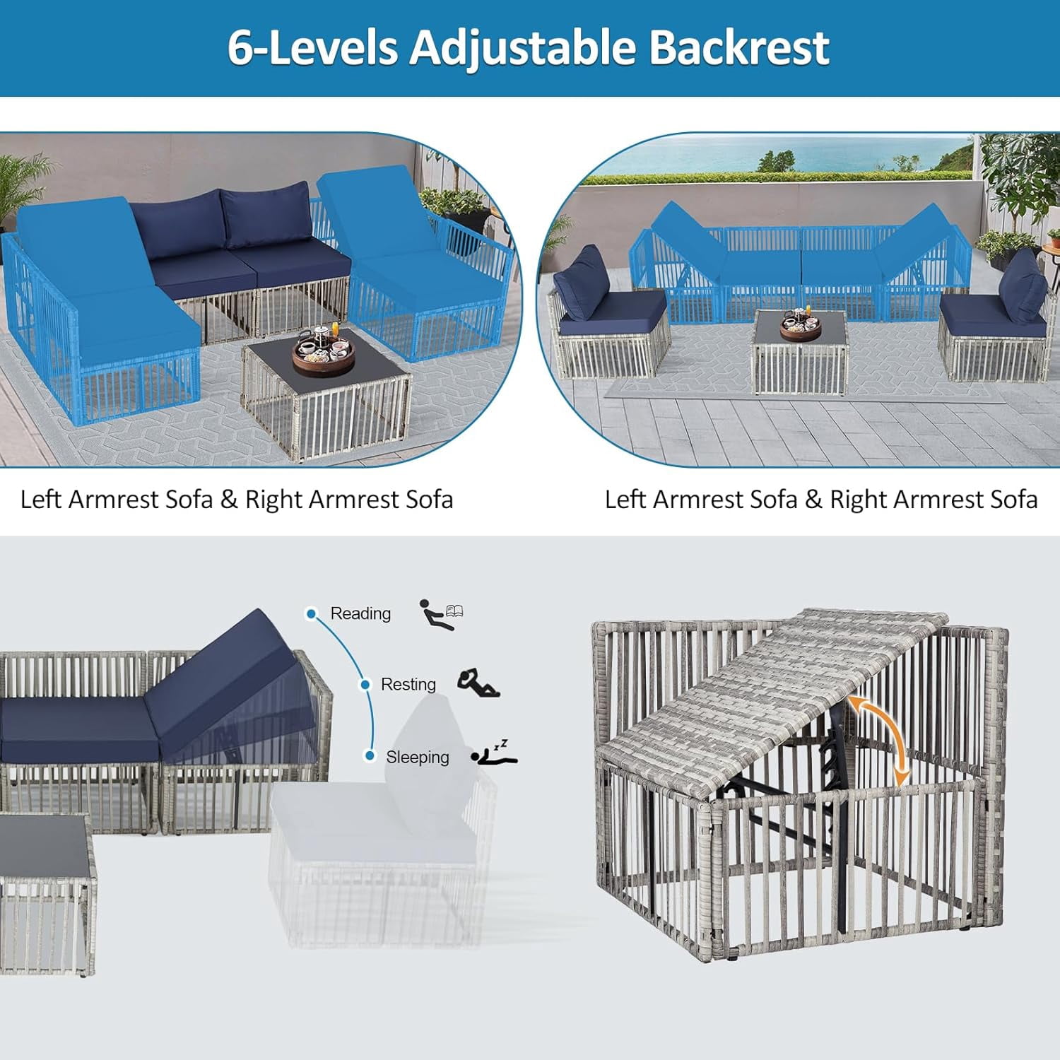 Ainfox 7 Pieces Outdoor Wicker Patio Furniture Set, Adjustable Backrest Sectional Conversation Couch with Thick Cushions & Coffee Table for Garden Porch Poolside, Gray/Blue