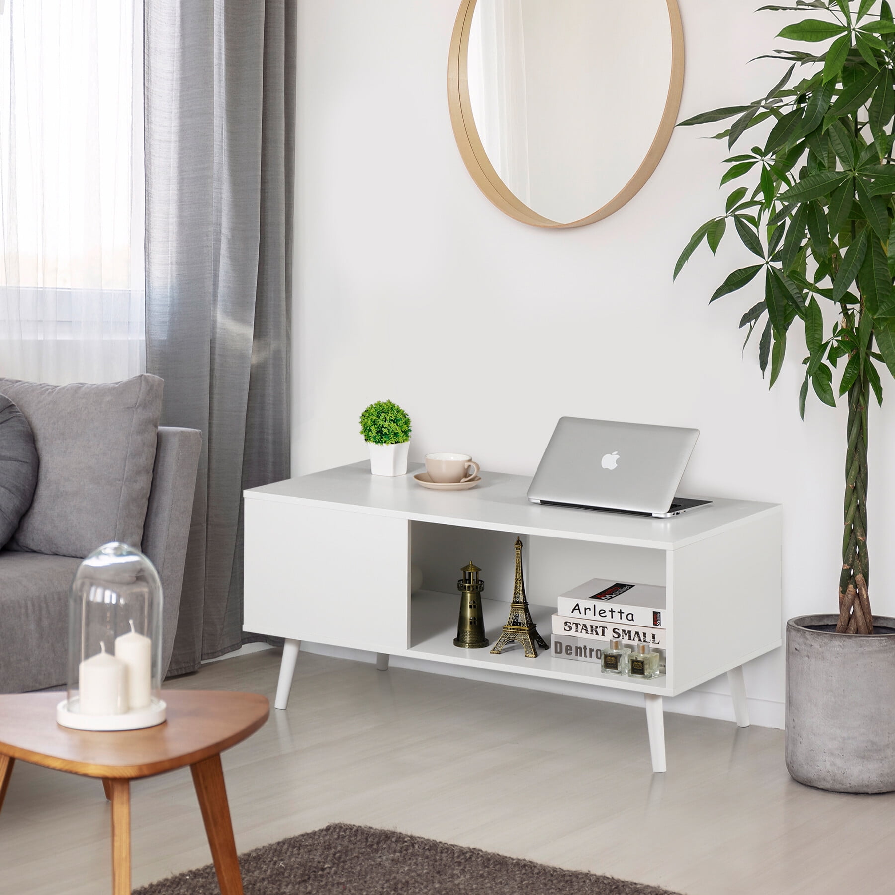 ZENY Wood Frame Mid Century Coffee Table with Open Storage Shelf Living Room TV Table, White